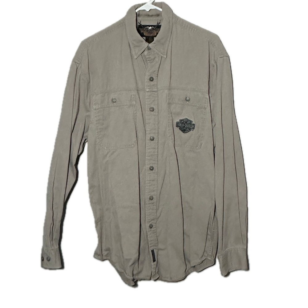 Harley-Davidson Mens Khaki Tan Cotton Twill Long Sleeve Button Down Shirt Large